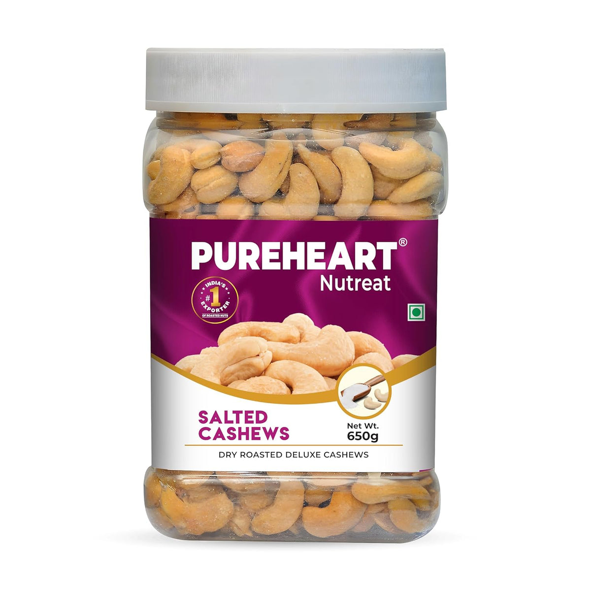 Pureheart Nutreat Roasted Salted Cashew, Flavourful & Crunchy Snack | Premium Salted Whole Cashew Nuts/Kaju Dry Fruit | Rich in Protein & Fiber | No Artificial Colors and Flavors
