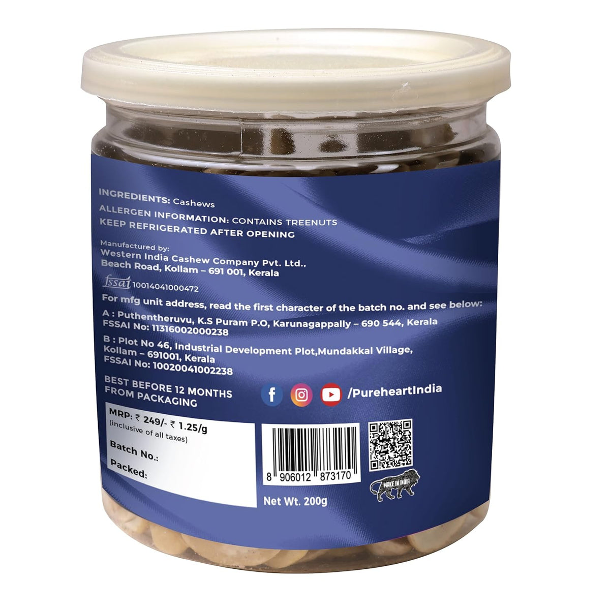 Pureheart Split Cashew Halves (200 gm) Premium Crunchy Cashewnuts/Tukda Kaju/Dry Fruit