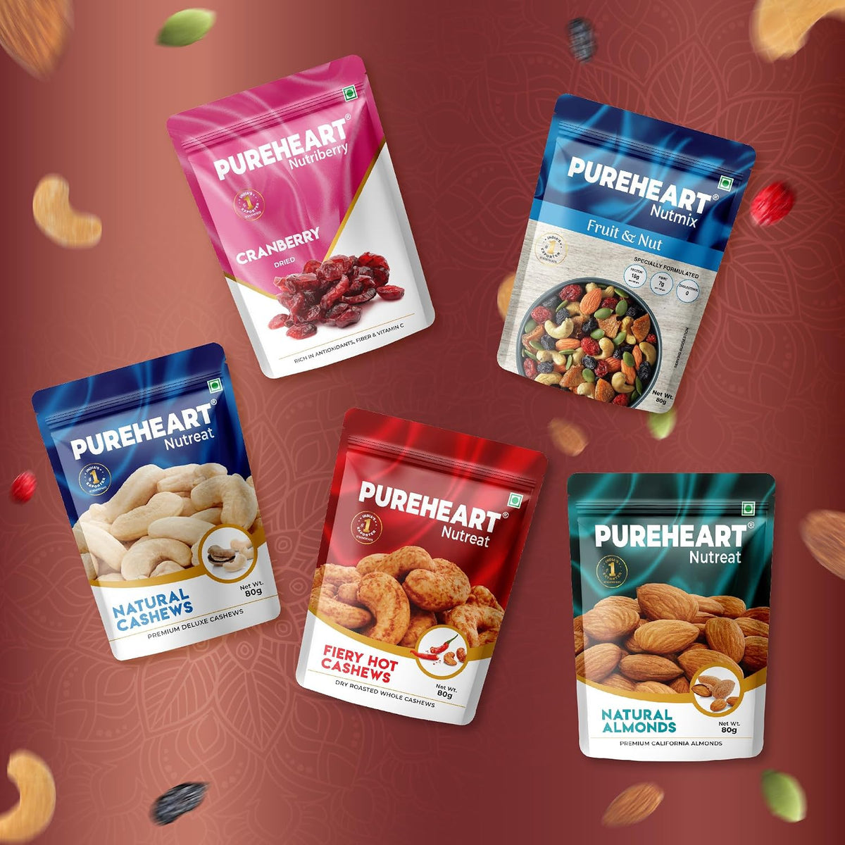 PUREHEART Rakhi Gift Hamper - Natural and Fieryhot Cashews, Almonds, Fruit & Nut Nutmix, Cranberries (80 g, each) with Floral Rakhi for Brother, Card, Rice, Kumkum