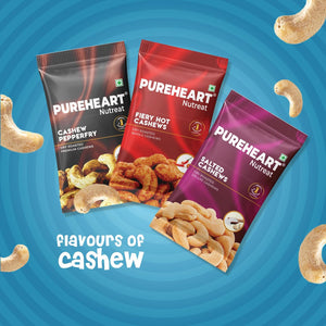 PUREHEART Combo of Fiery Hot Cashews, Pepperfry Cashew and Salted Cashews (15 gm, each) | Protein & Fiber Rich Crunchy Dry Fruit Snack | No Artificial Colors, Flavors, Preservatives