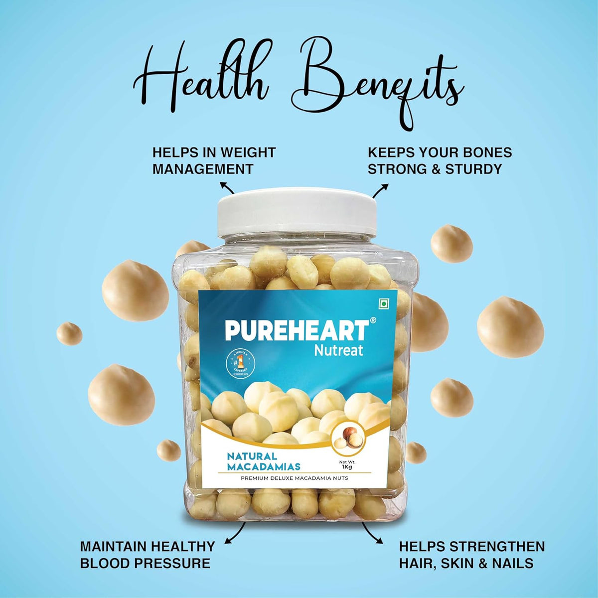 Pureheart Natural Macadamia , Premium Australian Macadamia Nuts, Rich in Antioxidants - Whole, Exotic, and Crunchy Dry Fruits, Ideal Snacks, No Additives