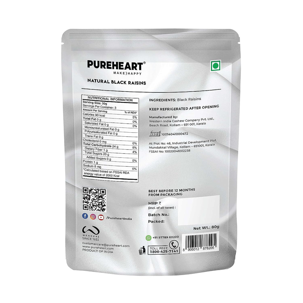 Pureheart Nutreat Premium Natural Black Raisins (80 gm) Kali Kishmish/Manuka, Dry Fruits Snack - Rich in Antioxidants