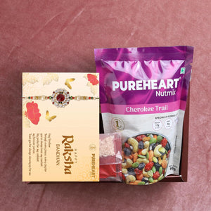 PUREHEART Rakhi Gift Hamper- Cherokee Trail Mix (80g) and Chocolates with Floral Rakhi for Brother, Gift Card, Pooja Rice, Kumkum - Dry Fruits and Nuts Gift