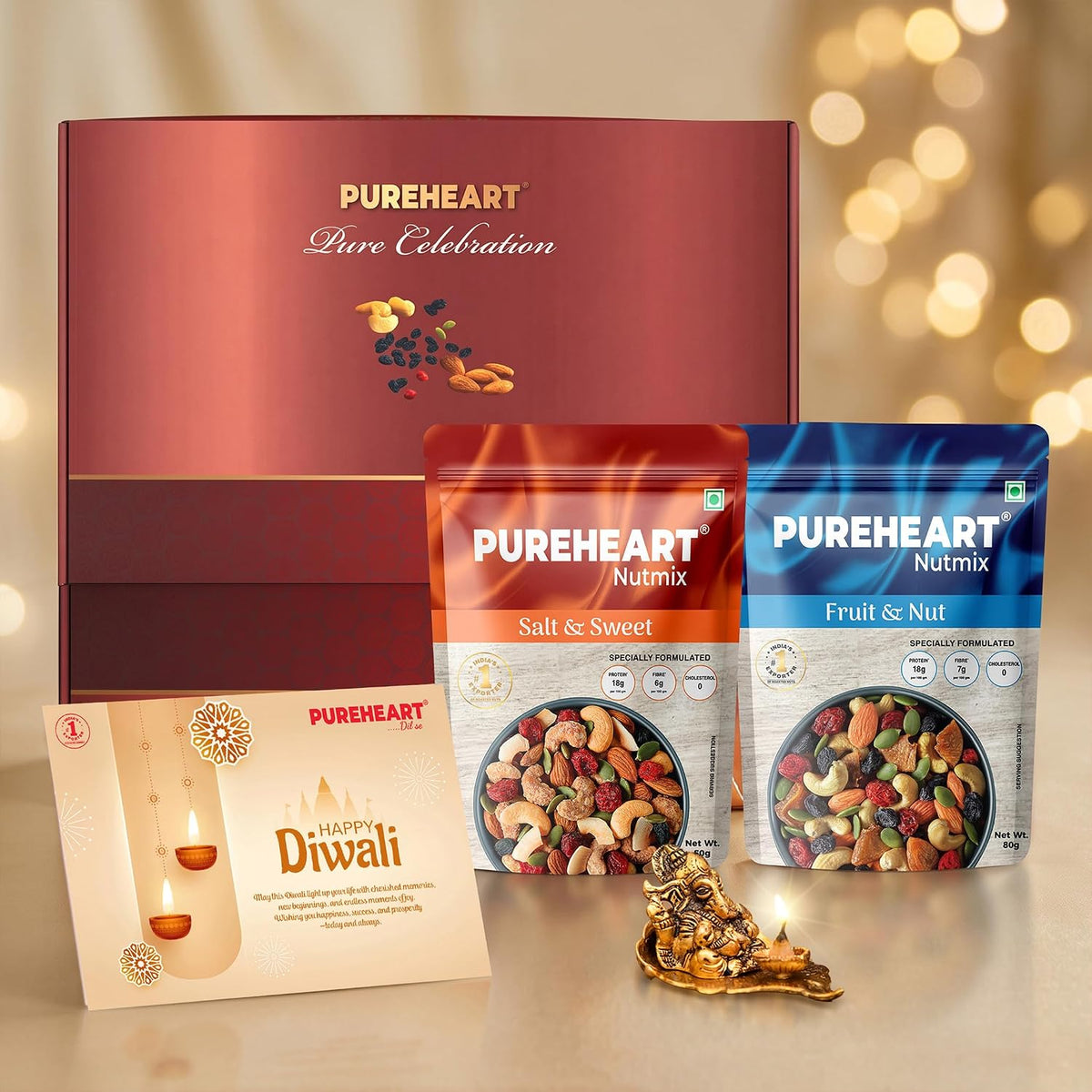 PUREHEART Diwali Gift Hamper - Exotic Nuts & Dry Fruits,Ganpati Diya & Card