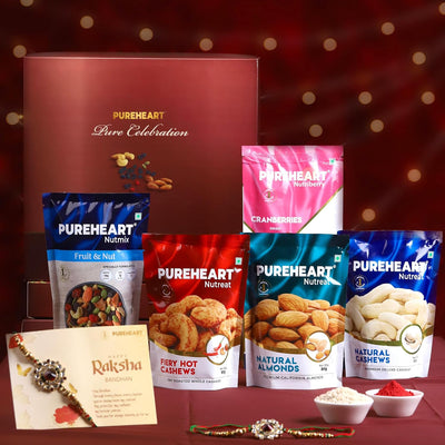 PUREHEART Rakhi Gift Hamper - Natural and Fieryhot Cashews, Almonds, Fruit & Nut Nutmix, Cranberries (80 g, each) with Floral Rakhi for Brother, Card, Rice, Kumkum