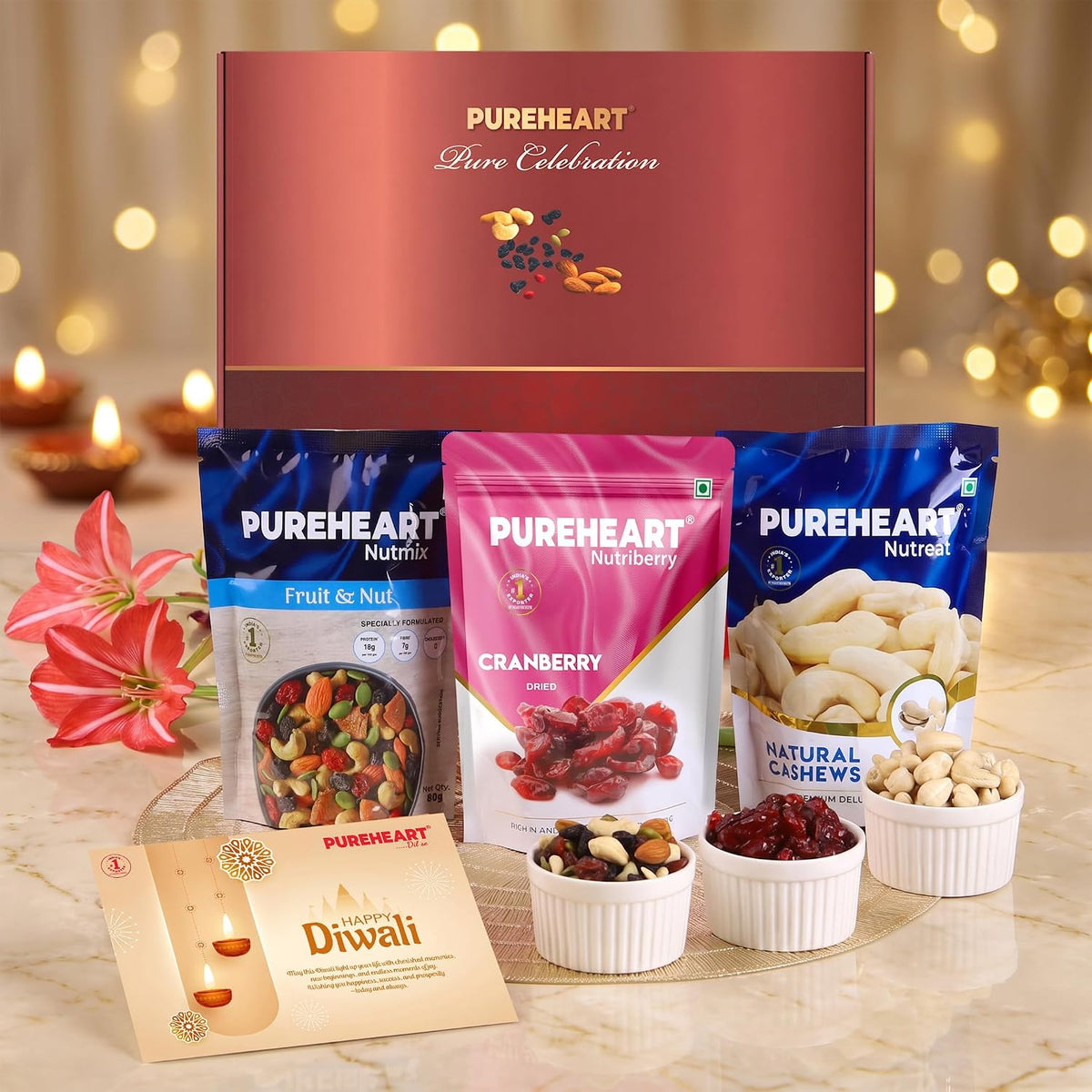 PUREHEART Diwali Gift Hamper - Premium Nuts & Dry Fruits with Diwali Card