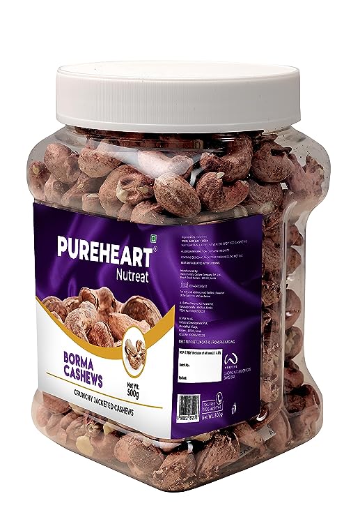 Pureheart Borma Cashews/Skin Unpeeled Cashews  Natural Whole Cashews - Nutty Flavor Cashew Nuts with Skin - Reusable Jar