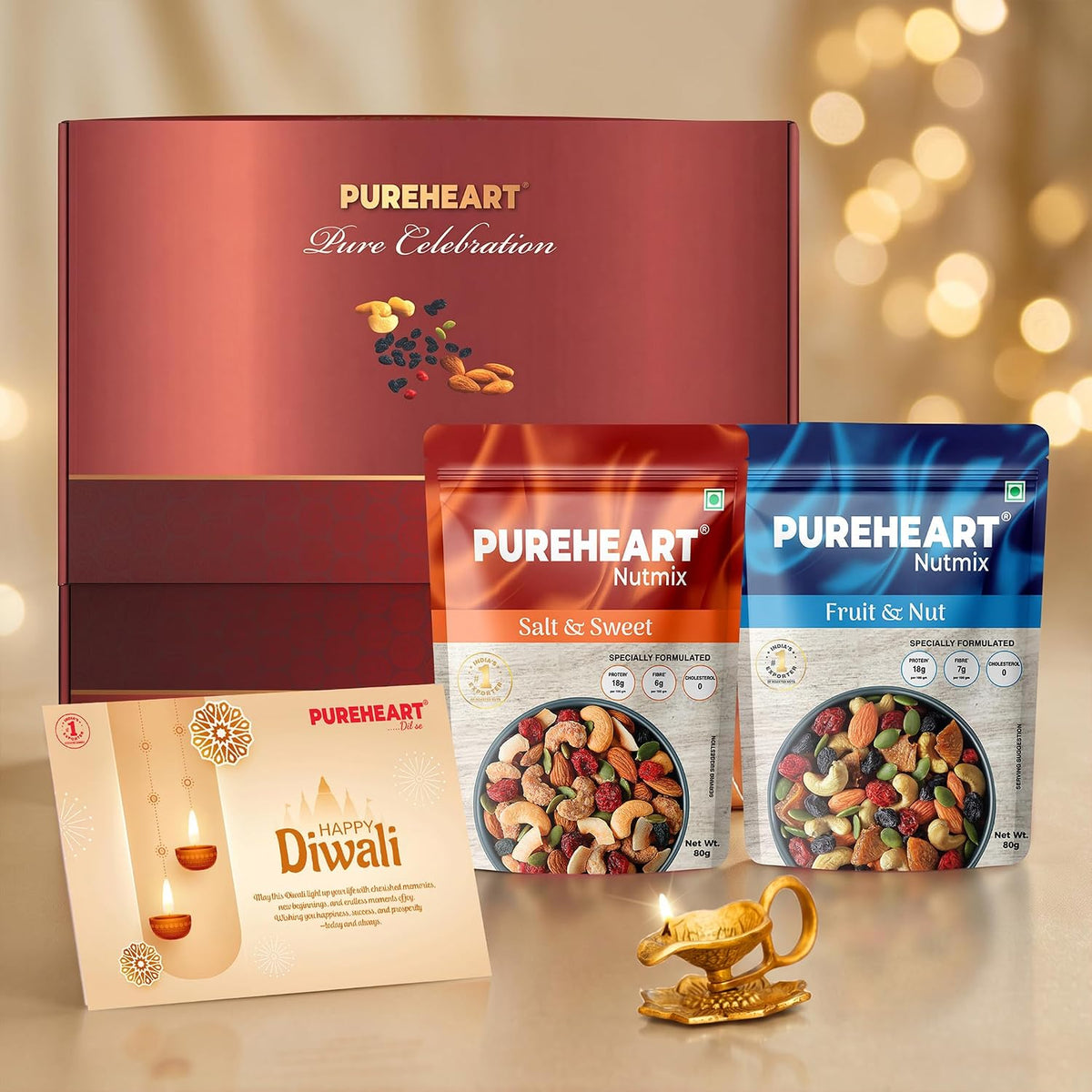 PUREHEART Diwali Gift Hamper with Exotic Nuts & Dry Fruits, Diya & Card