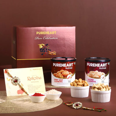 PUREHEART Rakhi Gift Hamper Premium Dry Fruits Salted Cashews, Fiery Hot Cashews (333g, each), Dark Chocolate with Rakhi for Brother, Gift Card, Pooja Rice, Kumkum