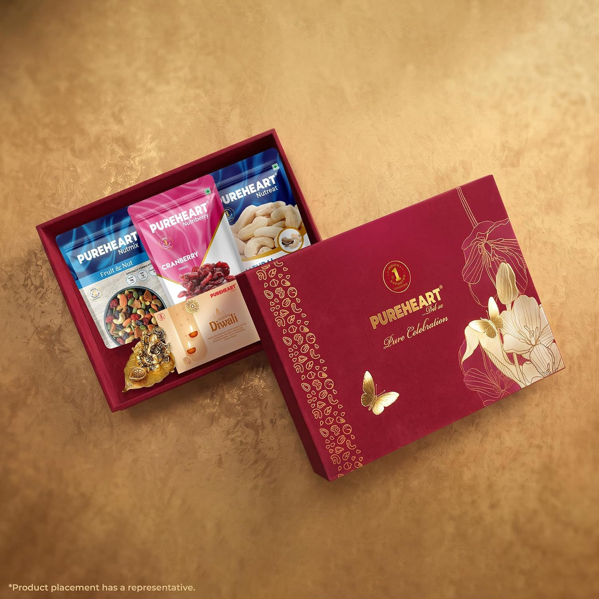 PUREHEART Diwali Gift Hamper - Exotic Nuts & Dry Fruits,Ganpati Diya & Card