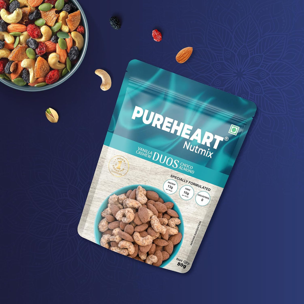 PUREHEART Rakhi Gift Hamper- Vanilla Cashew & Choco Almonds (80g) with Chocolate and Floral Rakhi for Brother, Gift Card, Pooja Rice, Kumkum - Dry Fruits and Nuts Gift