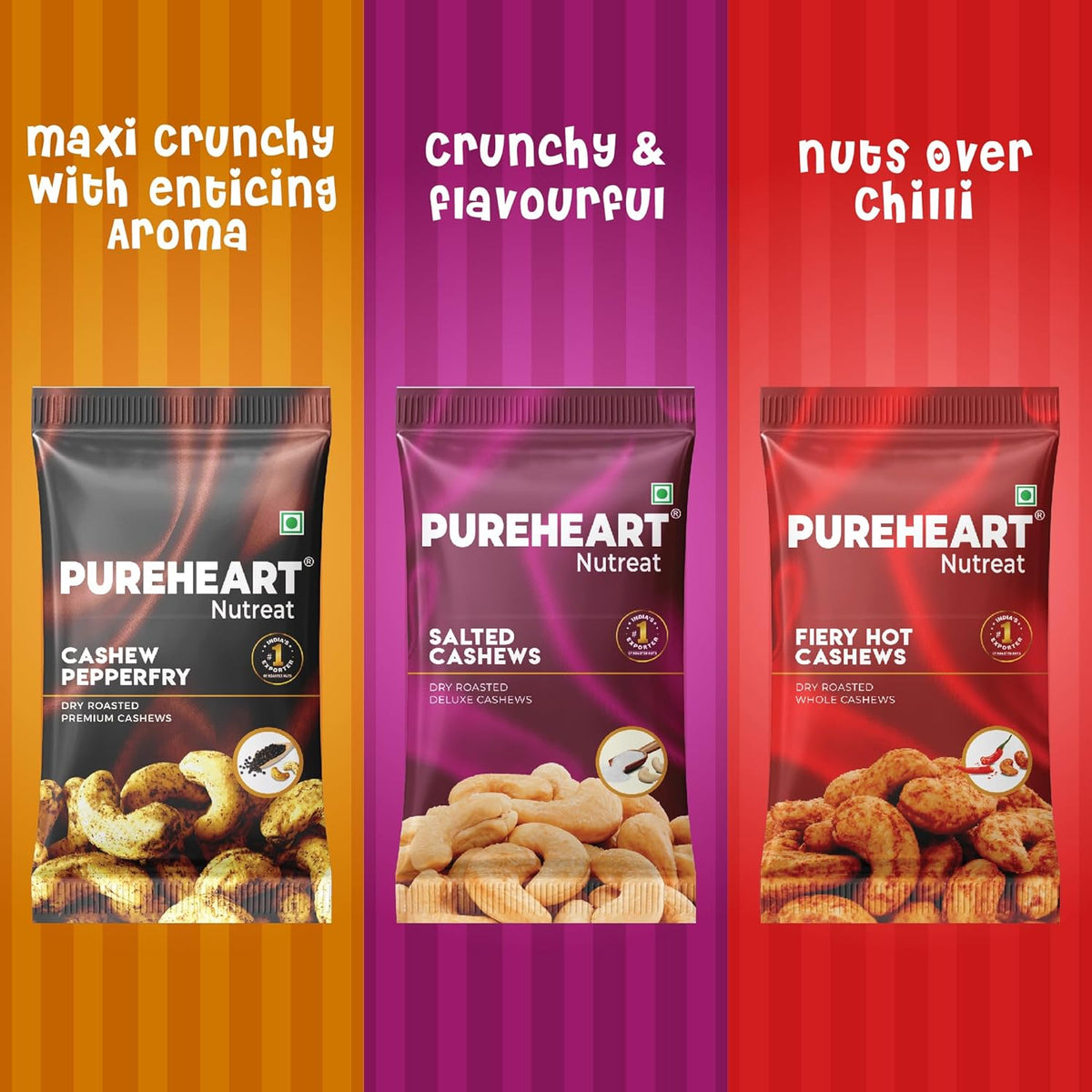 PUREHEART Combo of Fiery Hot Cashews, Pepperfry Cashew and Salted Cashews (15 gm, each) | Protein & Fiber Rich Crunchy Dry Fruit Snack | No Artificial Colors, Flavors, Preservatives