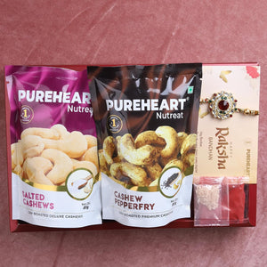 PUREHEART Rakhi Gift Hamper - Salted Cashews, Pepperfry Cashews (80g, each) with Floral Rakhi for Brother, Gift Card, Pooja Rice, Kumkum