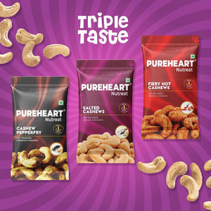 PUREHEART Combo of Fiery Hot Cashews, Pepperfry Cashew and Salted Cashews (15 gm, each) | Protein & Fiber Rich Crunchy Dry Fruit Snack | No Artificial Colors, Flavors, Preservatives