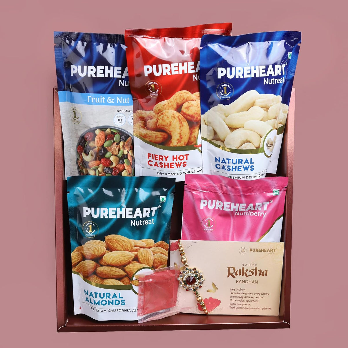 PUREHEART Rakhi Gift Hamper - Natural and Fieryhot Cashews, Almonds, Fruit & Nut Nutmix, Cranberries (80 g, each) with Floral Rakhi for Brother, Card, Rice, Kumkum