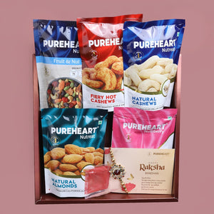 PUREHEART Rakhi Gift Hamper - Natural and Fieryhot Cashews, Almonds, Fruit & Nut Nutmix, Cranberries (80 g, each) with Floral Rakhi for Brother, Card, Rice, Kumkum
