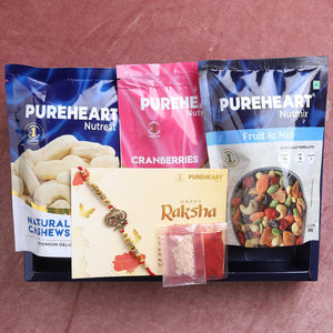 PUREHEART Rakhi Gift Hamper- Natural Cashews, Fruit & Nut Nutmix and Cranberries(80g, each) with Designer Rakhi for Brother, Gift Card, Pooja Rice, Kumkum - Crunchy Dry Fruits and Nuts