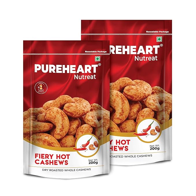 Pureheart Nutreat Fiery Hot Cashews  Natural Premium Spicy Roasted Whole Cashew Nuts/Kaju Dry Fruit, Crunchy & Delicious Chili Cashews - Resealable Pouch