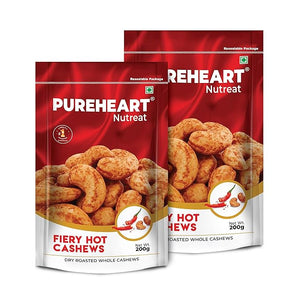 Pureheart Nutreat Fiery Hot Cashews  Natural Premium Spicy Roasted Whole Cashew Nuts/Kaju Dry Fruit, Crunchy & Delicious Chili Cashews - Resealable Pouch