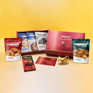 PUREHEART Diwali Gift Hamper - Natural Cashews, Fruit & Nut Nutmix, Black Raisins, Fiery Hot Cashews, Natural Almonds (80 g, each) with Bournville Dark Chocolate, Diya and Happy Diwali Card