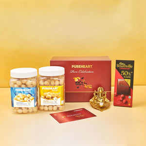 PUREHEART Diwali Gift Hamper - Combo of Natural Macadamia, Salted Macadamia (650 g, each) with Bournville Dark Chocolate, Ganpati Diya and Happy Diwali Card, Dry Fruits Gift Box