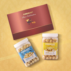 PUREHEART Diwali Gift Hamper - Combo of Natural Macadamia, Salted Macadamia (650 g, each) with Bournville Dark Chocolate, Ganpati Diya and Happy Diwali Card, Dry Fruits Gift Box