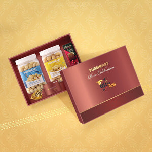 PUREHEART Diwali Gift Hamper - Combo of Natural Macadamia, Salted Macadamia (650 g, each) with Bournville Dark Chocolate, Ganpati Diya and Happy Diwali Card, Dry Fruits Gift Box