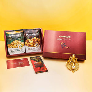 PUREHEART Diwali Gift Hamper - Combo of Pepperfry Cashews, Flavours of Venice Peeled Almonds (80 g, each) with Bournville Chocolate, Ganpati Diya and Happy Diwali Card, Dry Fruits Gift Box