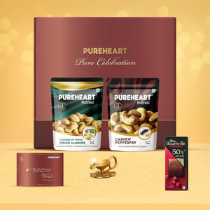 PUREHEART Diwali Gift Hamper - Combo of Pepperfry Cashews, Flavours of Venice Peeled Almonds (80 g, each) with Bournville Dark Chocolate, Diya and Happy Diwali Card, Dry Fruits Gift Box