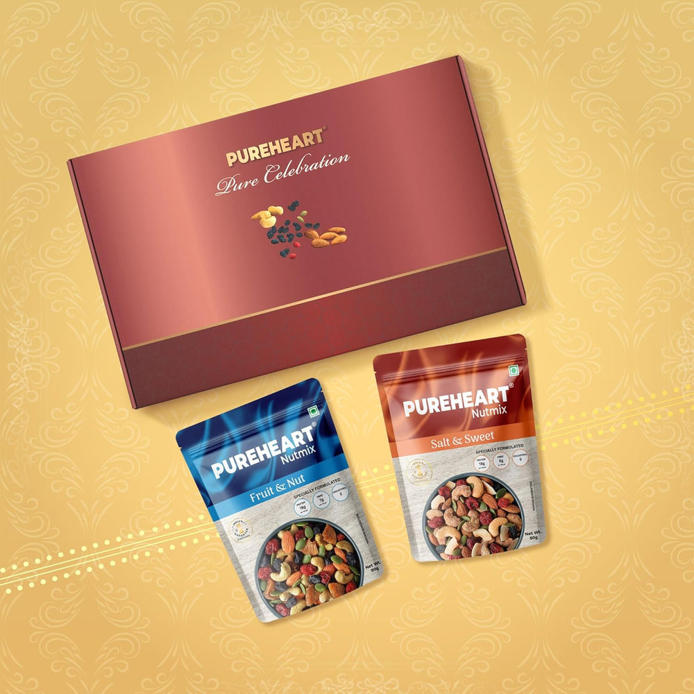 PUREHEART Diwali Gift Hamper - Combo of Fruit & Nut, Sweet & Salt Nutmix (80 g, each) with Bournville Dark Chocolate and Happy Diwali Card, Dry Fruits Gift Box