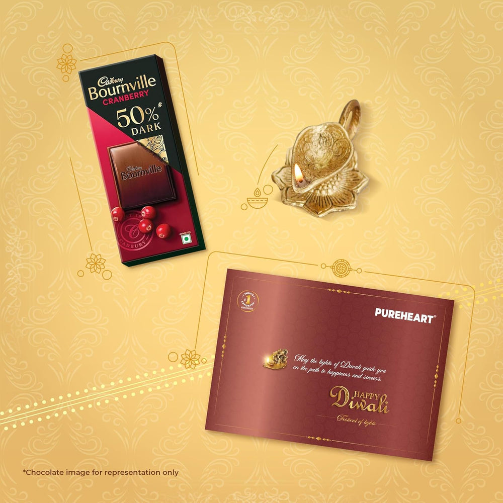 PUREHEART Diwali Gift Hamper - Combo of Fruit & Nut, Sweet & Salt Nutmix (80 g, each) with Bournville Dark Chocolate, Diya and Happy Diwali Card, Dry Fruits Gift Box