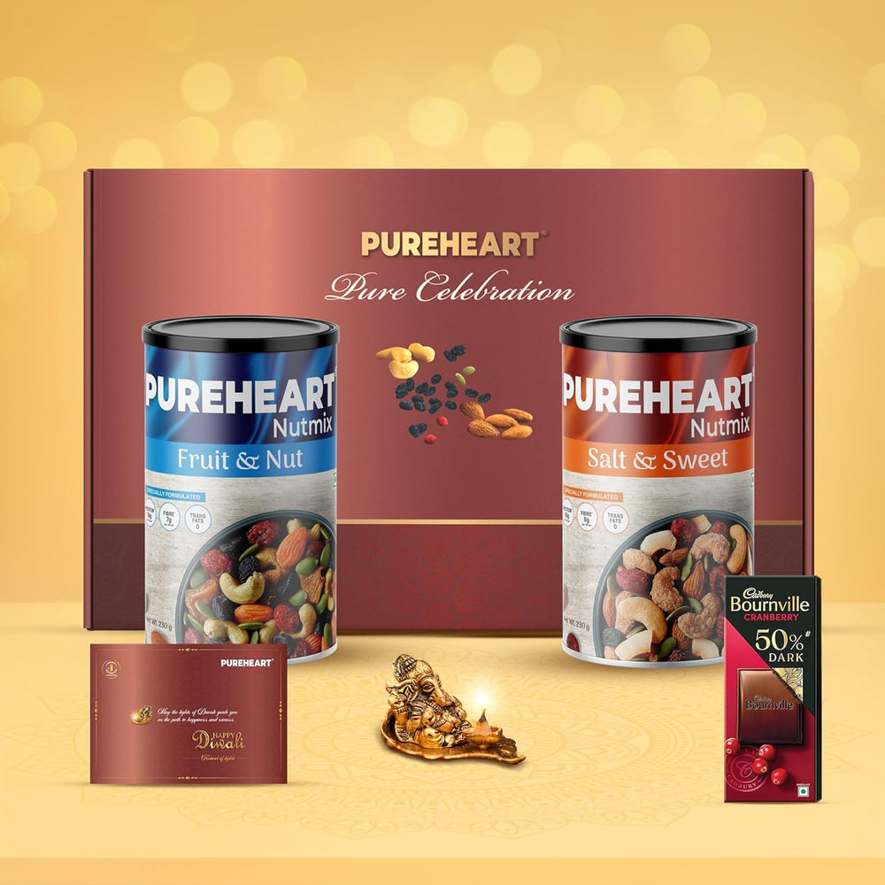 PUREHEART Pure Celebration Premium Diwali Gift Box | Dry Fruits Pack | Corporate Gift Hamper| Nutmix Hamper 230g | Chocolate | Card | Decoration Lord Ganesh Metal Diya | Festive Healthy Snack Gifting