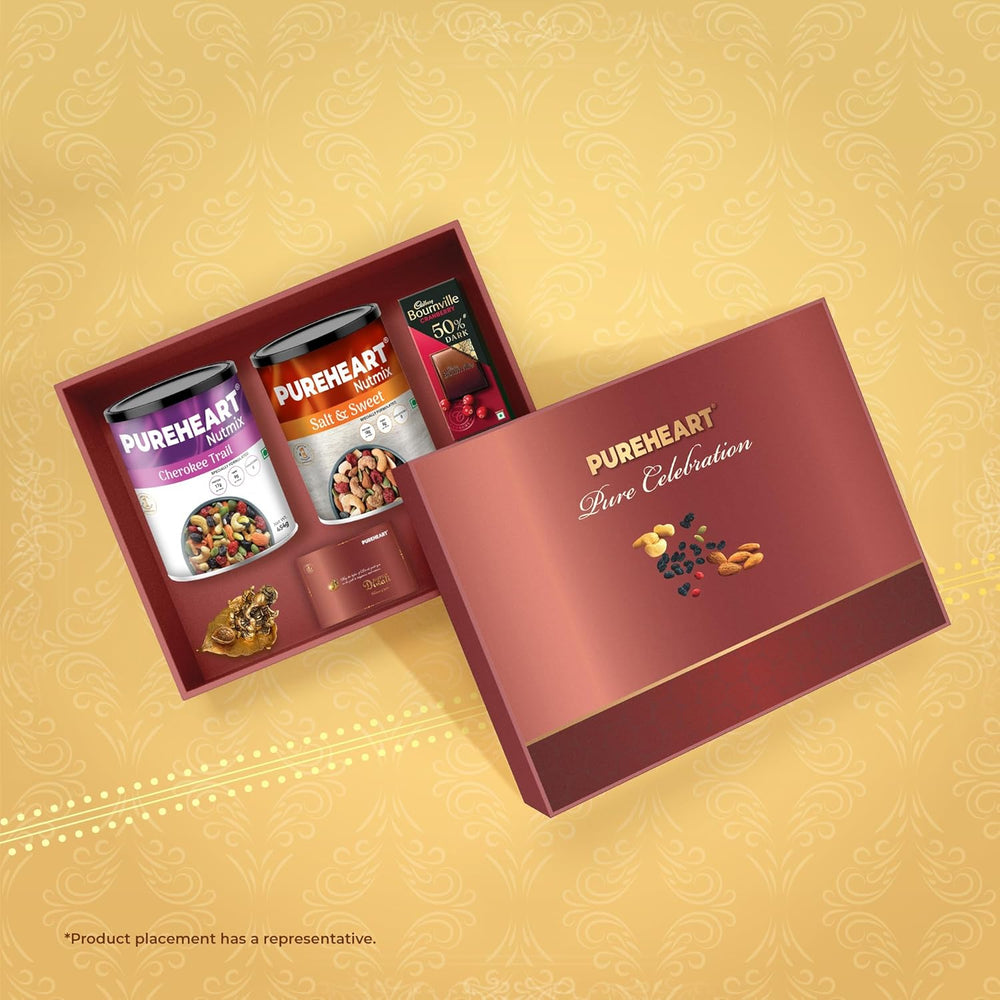 PUREHEART Pure Celebration Premium Diwali Gift Box | Dry Fruits Pack | Corporate Gift Hamper | Cherokee Trail Mix, Salt & Sweet Nutmix | Chocolate | Card | Lord Ganesh Metal Diya | Festive Gifting