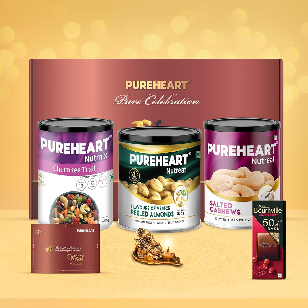 PUREHEART Pure Celebration Premium Diwali Gift Box |Dry Fruits Pack | Corporate Gift Hamper | Salted Cashews, Cherokee Trail Mix, Peeled Almond |Chocolate|Card| Lord Ganesh Metal Diya |Festive Gifting