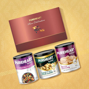 PUREHEART Pure Celebration Premium Diwali Gift Box |Dry Fruits Pack | Corporate Gift Hamper | Salted Cashews, Cherokee Trail Mix, Peeled Almond |Chocolate|Card| Lord Ganesh Metal Diya |Festive Gifting