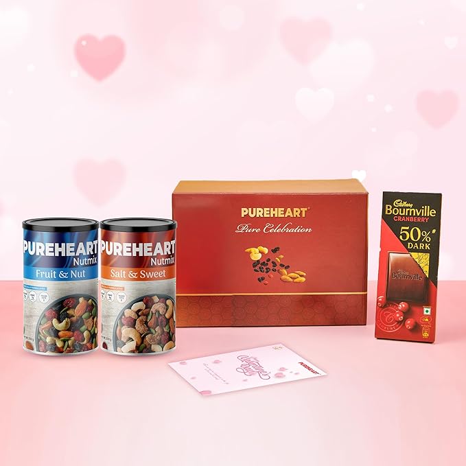 PUREHEART Pure Celebration Valentine Gift Box | Dry Fruits Gift Hamper For Her| Fruit & Nut and Salt & Sweet Nutmix Hamper For Her (230g, Each) | Bournville Chocolate | Wishing Card | Healthy Snack