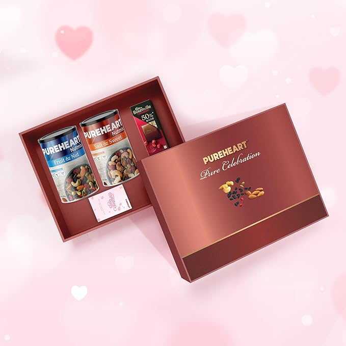 PUREHEART Pure Celebration Valentine Gift Box | Dry Fruits Gift Hamper For Her| Fruit & Nut and Salt & Sweet Nutmix Hamper For Her (230g, Each) | Bournville Chocolate | Wishing Card | Healthy Snack