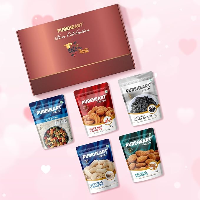 PUREHEART Pure Celebration Premium Valentine Gift Box | Dry Fruits Hamper For Her | Natural & Fiery Hot Cashews, Fruit & Nut Nutmix, Raisins, Almonds | Bournville Chocolate & Wishing Card