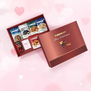 PUREHEART Pure Celebration Premium Valentine Gift Box | Dry Fruits Hamper For Her | Natural & Fiery Hot Cashews, Fruit & Nut Nutmix, Raisins, Almonds | Bournville Chocolate & Wishing Card