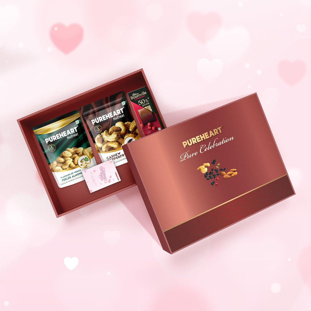 PUREHEART Pure Celebration Premium Gift Box | Dry Fruits Pack | Valentine Gift Hamper For Her | Pepperfry Cashews & Peeled Almonds Hamper For Her| Bournville Chocolate | Wishing Card | Healthy Snack