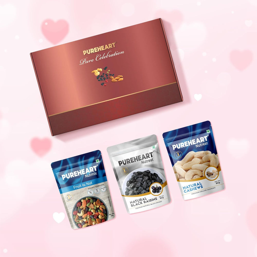 PUREHEART Pure Celebration Premium Gift Box | Dry Fruits Gift Pack | Valentine Gift Hamper For Her | Natural Cashews, Nutmix, Black Raisins (80 g, each) | Wishing Card | Valentine Gifting