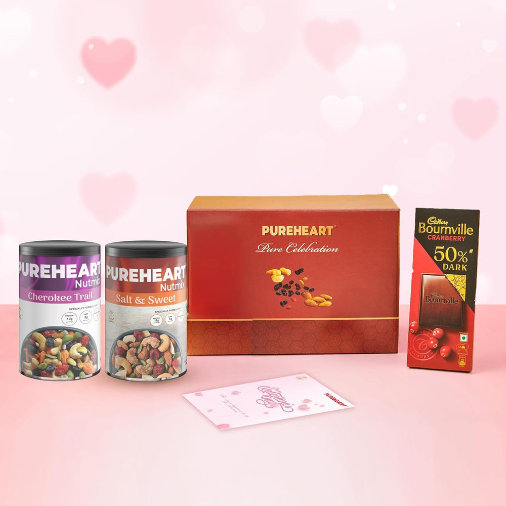 PUREHEART Pure Celebration Premium Valentines Gift Box | Dry Fruits Gift Hamper For Her | Cherokee Trail Mix, Salt & Sweet Nutmix | Bournville Chocolate | Wishing Card | Healthy Snack Gifting