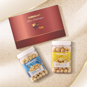 PUREHEART Pure Celebration Premium Wedding Gift Box | Dry Fruits Gift Hamper For Couples | Natural and Salted Macadamia (650g, each) | Bournville Chocolate & Wishing Card | Ganpati Diya