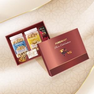 PUREHEART Pure Celebration Premium Wedding Gift Box | Dry Fruits Gift Hamper For Couples | Natural and Salted Macadamia (650g, each) | Bournville Chocolate & Wishing Card | Ganpati Diya