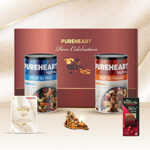 PUREHEART Pure Celebration Premium Wedding Gift Box | Dry Fruits Gift Hamper For Couples | Fruit & Nut Nutmix and Salt & Sweet Nutmix (230g, each) | Bournville Chocolate & Wishing Card | Ganpati Diya