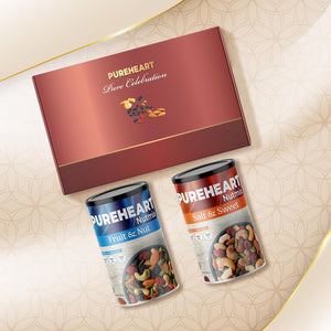 PUREHEART Pure Celebration Premium Wedding Gift Box | Dry Fruits Gift Hamper For Couples | Fruit & Nut Nutmix and Salt & Sweet Nutmix (230g, each) | Bournville Chocolate & Wishing Card | Ganpati Diya