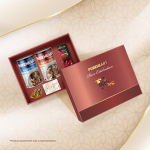 PUREHEART Pure Celebration Premium Wedding Gift Box | Dry Fruits Gift Hamper For Couples | Fruit & Nut Nutmix and Salt & Sweet Nutmix (230g, each) | Bournville Chocolate & Wishing Card | Ganpati Diya