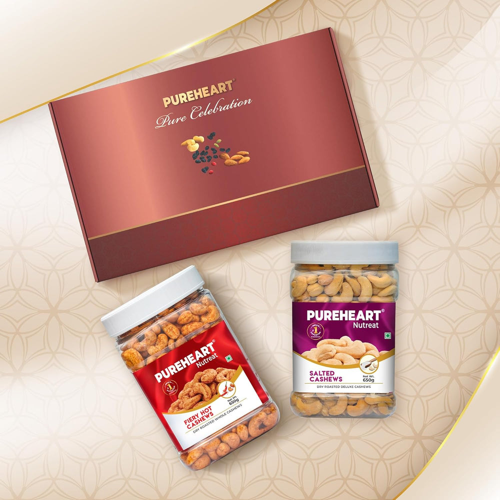 PUREHEART Pure Celebration Premium Wedding Gift Box | Dry Fruits Gift Hamper For Couples | Fiery Hot and Salted Cashews (650g, each) | Bournville Chocolate & Wishing Card | Ganpati Diya