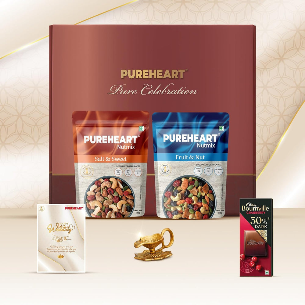 PUREHEART Pure Celebration Premium Wedding Gift Box | Dry Fruits Gift Hamper For Couples | Fruit & Nut and Salt & Sweet Nutmix (80g, each) | Bournville Chocolate & Wishing Card | Metal Diya