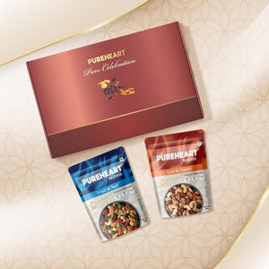 PUREHEART Pure Celebration Premium Wedding Gift Box | Dry Fruits Gift Hamper For Couples | Fruit & Nut and Salt & Sweet Nutmix (80g, each) | Bournville Chocolate & Wishing Card | Metal Diya